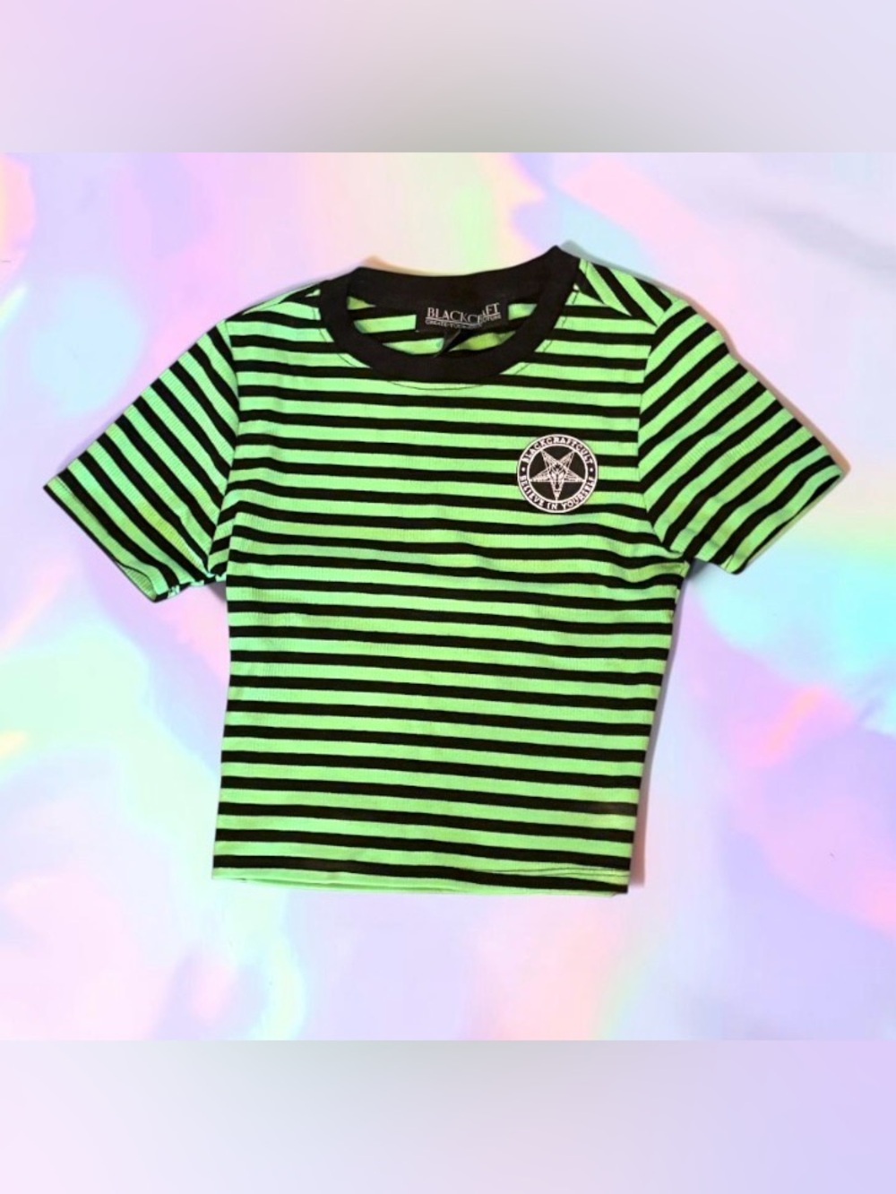 Blackcraft Cult Green & Black Striped Crop Tee